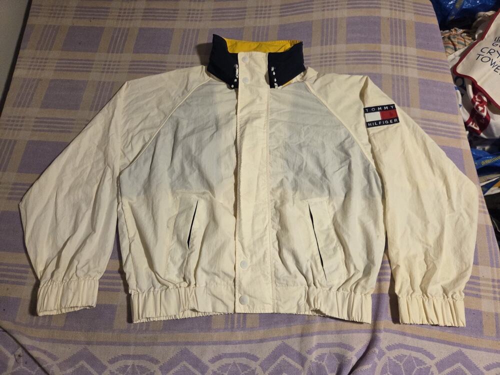 Tommy Hilfiger Hooded Jacket Windbreaker Mens Large White Yellow Full Zip Logo